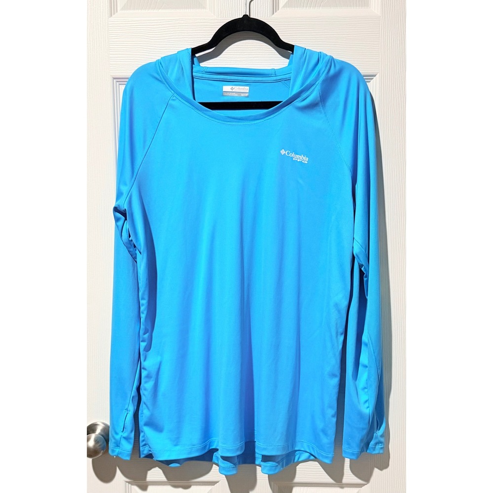 Columbia PFG Terminal Tackle Hoodie Mens 1X Blue Sun Shirt UPF 50 Fishing Tee